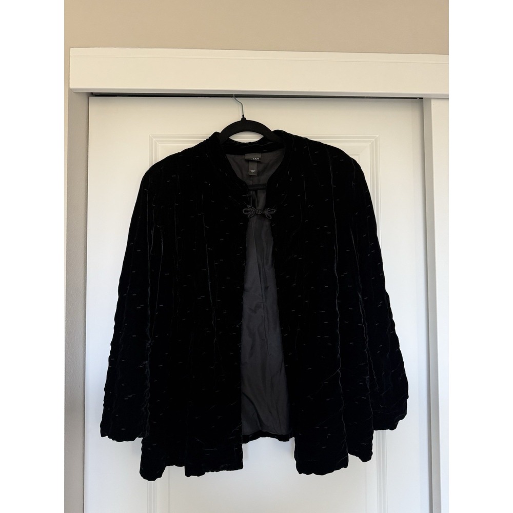 EILEEN FISHER Black Silk‎ Velvet Bartack Open Front Jacket L